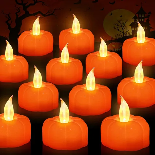 Miniatura 7 de Decoraciones de otoño para el hogar, luces de té de calabaza, paquete de 12 luces LED de calabaza naranja sin llama, velas parpadeantes que
