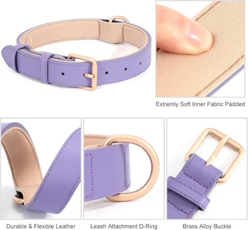 Miniatura 4 de WHIPPY Collar de cuero para perro pequeño, mediano y grande, ajustable, suave, transpirable, acolchado de cuero para cachorro con hebilla de Púrpura