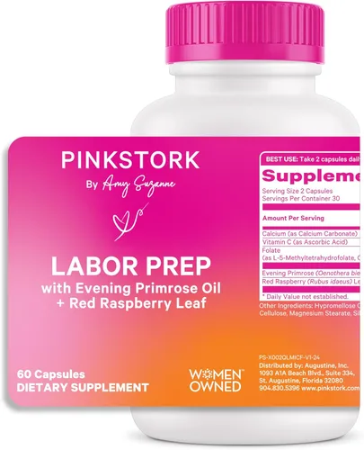 Suplemento de preparación para el parto Pink Stork – Aceite de prímula nocturna y hoja de frambuesa roja para el tercer trimestre, apoyo suave para