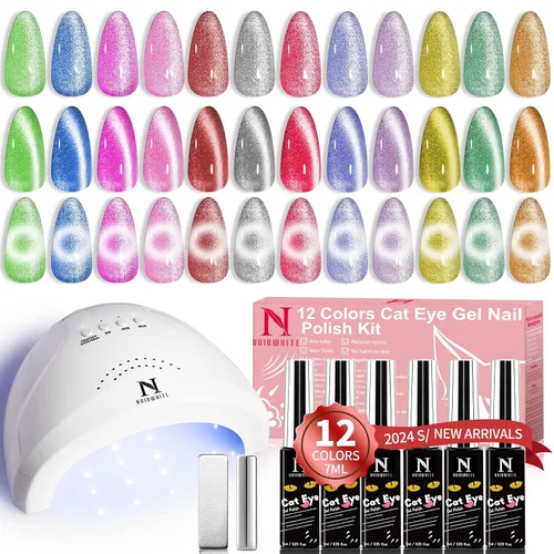 Miniatura 18 de Kit de esmalte de uñas de gel, 12 colores brillantes con purpurina 9D camaleón ojo de gato, juego de esmalte de uñas de gel con base de luz
