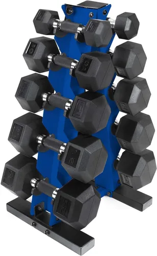CAP Barbell Juego de mancuernas hexagonales recubiertas de 150 libras con estante vertical | Múltiples opciones Estante azul