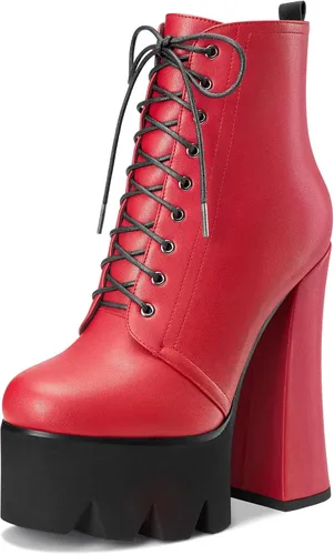 Miniatura 16 de HDEUOLM Botas de tobillo con tacón alto de bloque grueso para mujer, puntera redonda, botines cortos con cordones y cremallera, zapatos clásicos