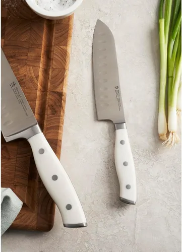 Miniatura 3 de HENCKELS Cuchillo Santoku con borde hueco ultra afilado forjado, 5 pulgadas, mango blanco, ingeniería alemana informada por más de 100 años