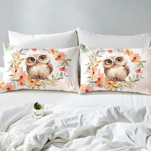 Miniatura 4 de Manfei Sábana bajera ajustable de búho de dibujos animados, tamaño individual, juego de ropa de cama de flores en acuarela de 2 piezas para Multi 09