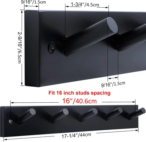 Miniatura 2 de WEBI Perchero Montado en la Pared, 16" de Agujero a Agujero, Colgador de Abrigos para Pared con 5 Ganchos para Colgar, Perchero de Ganchos Riel