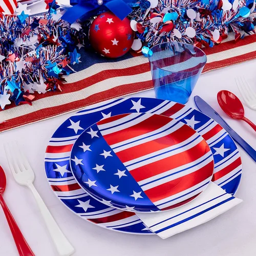 Miniatura 3 de Festiva 175 Piezas Platos del 4 de Julio y Cubiertos Desechables de Plástico Rojo Blanco Azul y Vasos Azules Transparentes - Suministros de Fiesta