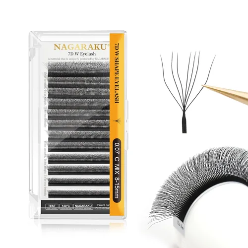 Miniatura 304 de NAGARAKU Extensiones de pestañas Double Tips 4D W, suministros con puntas dobles, gruesas con rizado D de 0.07 mm, bandeja mixta 8-15 mm, 0.07-D