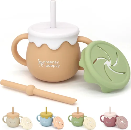 Miniatura 12 de Tarro de Miel Pot 3 en 1 Taza de Entrenamiento de Silicona de 8.5oz, Taza para Sorber para Bebé con Popote y Tapa para Snacks para 6 meses+ Taza