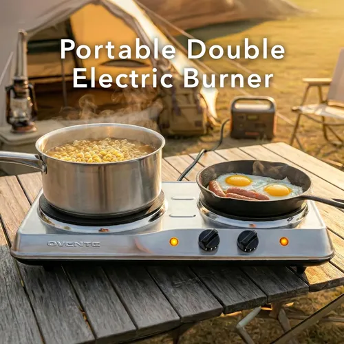 Miniatura 4 de OVENTE - Quemador eléctrico de doble encimera, 1700W, olla de cocina con placas calientes de hierro fundido de 7.25" y 6.10", control de BGS102S