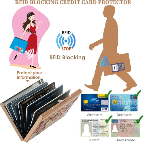 Miniatura 28 de BONSYL® Soporte para tarjetas de crédito, cartera delgada de metal con bloqueo RFID, con 6 ranuras para tarjetas, para mujeres y hombres.