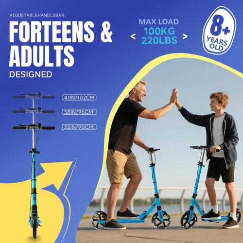 Miniatura 2 de Patinete para niños de 8+ años, adolescentes y adultos, con freno de mano delantero y freno trasero, y manillar ajustable, ruedas grandes y Azul