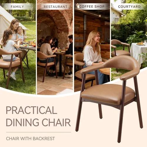 Miniatura 6 de MALOL Juego de 2 sillas de comedor de cuero con reposabrazos, silla de comedor tapizada con respaldo curvado y patas de madera, sillas de cocina