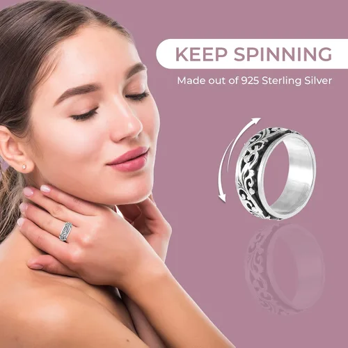 Miniatura 4 de Shop LC - Anillo giratorio de plata de ley 925, diseño de lunas y estrellas, anillo antiansiedad para mujeres y hombres, chapado en platino, regalo