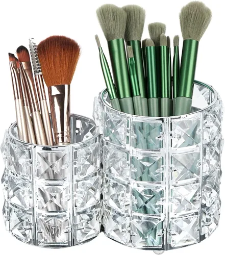 Miniatura 7 de LUEXBOX 4 soportes para brochas de maquillaje de cristal, organizador de herramientas de maquillaje brillantes, contenedor redondo de almacenamiento