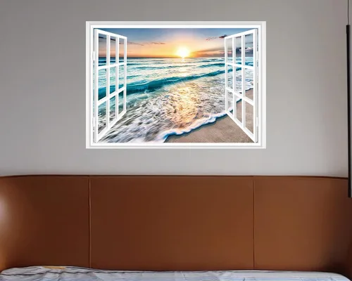 Miniatura 5 de FLFK Adhesivo de pared con ventana falsa - Mural de pared con ventana falsa de atardecer en la playa para decoración de pared, adhesivos de pared