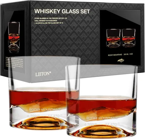 Miniatura 15 de LIITON Denali Mountain - Juego de 2 vasos de whisky de cristal pesado, vaso de bourbon congelable grueso de 1 libra cada uno, cócteles de cristal