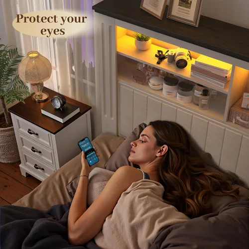 Miniatura 4 de EnHomee Base de cama King y cabecero, marco de cama tamaño King con 4 cajones de almacenamiento, cama King con luces LED y puertos de carga,