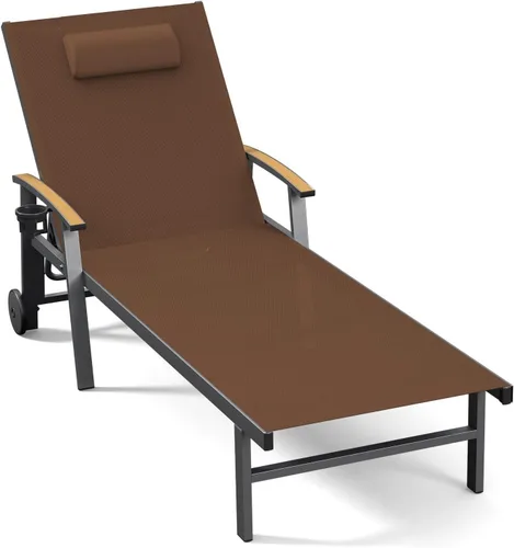 Miniatura 9 de Ciokea Sillón para exteriores con almohada, tumbona de aluminio de 5 posiciones con ruedas y reposabrazos, silla de piscina resistente de 400 libras