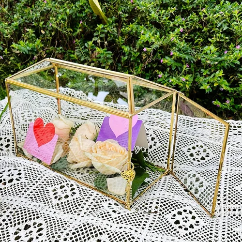 Miniatura 6 de Caja de tarjeta de cristal dorada de 12.6 pulgadas, caja grande para tarjetas de boda con cerradura y ranura para recepción, cajas decorativas