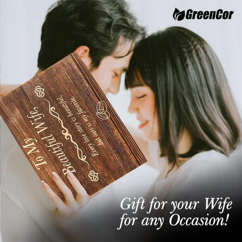 Miniatura 2 de GreenCor Juego de regalo de madera grabado para aniversario para esposa, con texto en inglés "To My Beautiful Wife", incluye corazón grabado