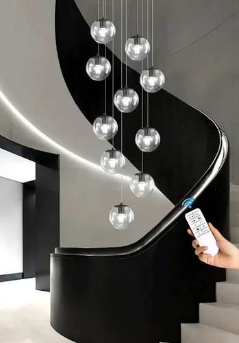 Miniatura 7 de ykolupty Escalera LED de 10 luces LED moderna con globo de cristal, lámpara colgante grande para techos altos, accesorios de iluminación de entrada
