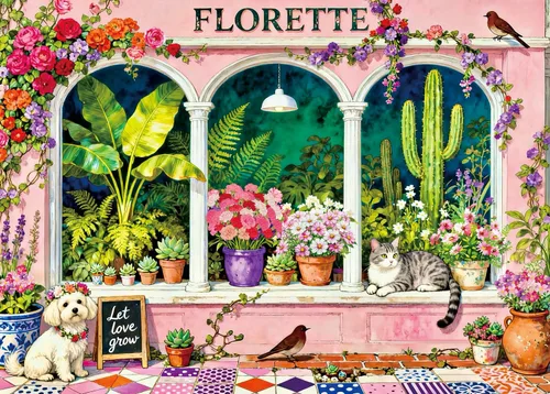 Rompecabezas de 500 piezas para adultos, ventana de jardín floral con lindo cachorro de gato, rompecabezas de papel para decoración de plantas de