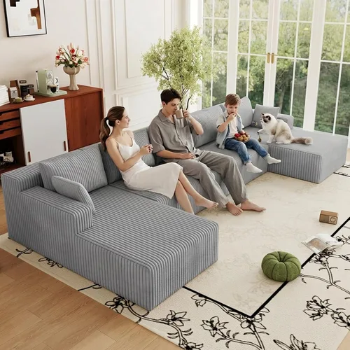 Miniatura 66 de Sofá modular de 95 pulgadas con otomana, moderno sofá nube de pana con asiento profundo, sofá sin hueso tapizado de 3 plazas en forma de U para sala