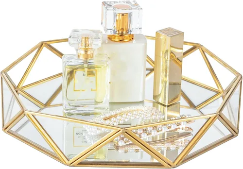 Miniatura 10 de Feyarl Bandeja Pequeña de Cristal Dorado para Perfumes, Organizador de Baratijas y Joyas, Bandeja Decorativa Ornamentada para Vanidad, Cosméticos