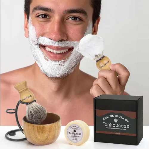 Miniatura 6 de Kit de brochas de afeitar para hombres, 4 en 1, incluye cepillo de afeitar de pelo de tejón, cuenco de madera, soporte de afeitado de acero 4 en 1