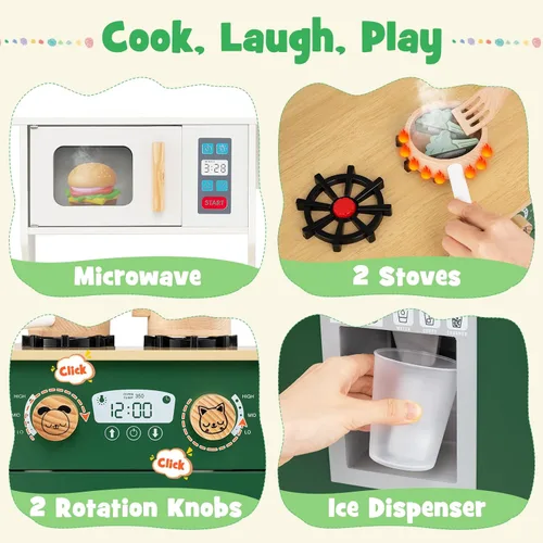 Miniatura 2 de Costzon Cocina de juego para niños, juego de cocina Little Chef con microondas, estufas, pomos de rotación, dispensador de hielo, grifo, fregadero