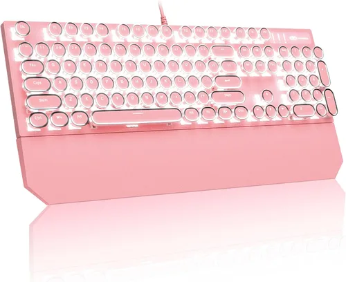 Miniatura 12 de MageGee - Teclado mecánico para juegos estilo máquina de escribir retro, teclas redondas punk doradas retroiluminadas LED, con cable, para laptop