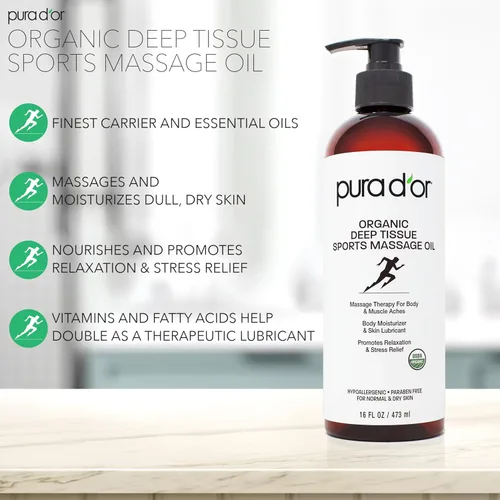 Miniatura 6 de PURA D'OR Masaje deportivo orgánico de tejido profundo de 16 onzas – Aceites de jojoba, girasol, almendra, pomelo y eucalipto, alivia el dolor