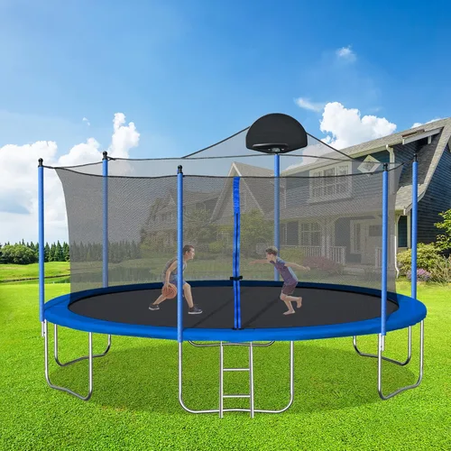 Evedy Juego de trampolín de 16 pies, 14 pies y 12 pies con columpio, tobogán, aro de baloncesto, trampolines deportivos con red de cierre