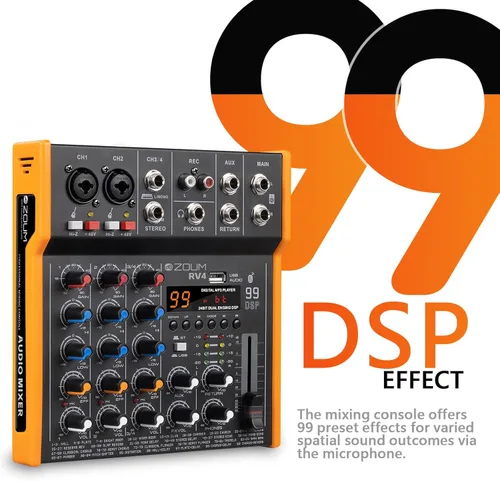 Miniatura 6 de Mezclador profesional de audio DJ de 4 canales, interfaz mezclador de sonido musical con alimentación fantasma de 48 V, Bluetooth, interfaz de audio