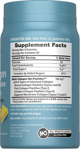 Miniatura 2 de NeoCell Gomitas bio-péptidos de colágeno múltiple 60 unidades Sabor tropical Tipo I, II, III, V, X Fórmula bioactiva avanzada