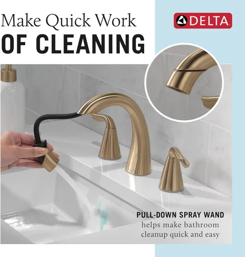 Miniatura 2 de Grifo de baño Delta Arvo de oro cepillado con rociador, grifo de lavabo de baño de 8 pulgadas y 3 orificios de instalación extendida con rociador