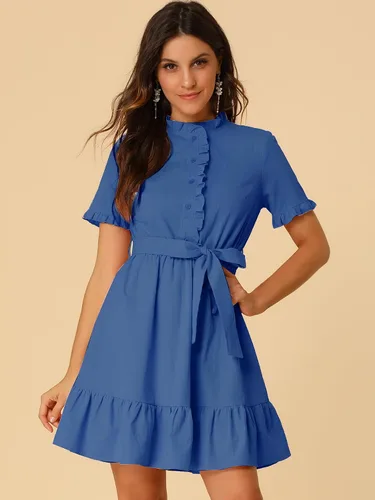 Miniatura 3 de Allegra K Vestido camisero de algodón ajustado y acampanado para mujer con cinturón y botones frontales con volantes, M