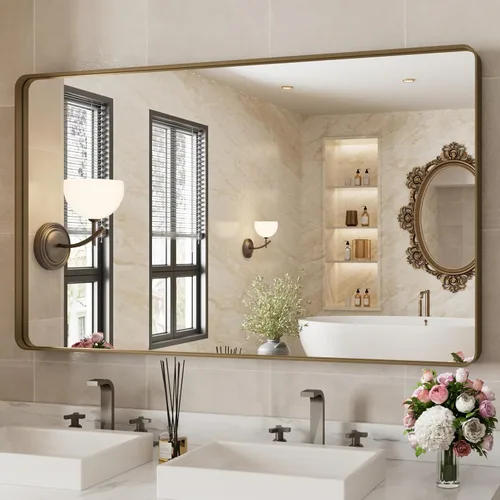 Miniatura 20 de WEER - Espejo de baño dorado, espejo de 40x32 pulgadas con marco de metal dorado cepillado, espejo de tocador de baño de oro para pared