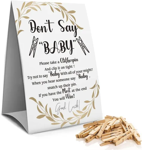 Letrero de juegos de pinzas para ropa de bebé (1 letrero + 50 mini pinzas para la ropa), juegos de baby shower, hoja dorada, baby shower de género