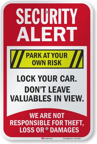 SmartSign Letrero de metal con texto en inglés "Security Alert - Park At Your Own Risk, Lock Your Car, Not Responsible", aluminio de 63 mil, Letrero