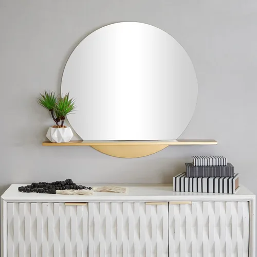 Miniatura 5 de Deco 79 Espejo de pared de metal para habitación, 1 estante, espejo de entrada, espejo montado en la pared 35 x 4 x 28 pulgadas, dorado