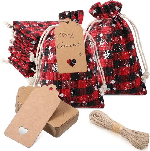Miniatura 11 de Shappy 24 bolsas de Navidad con cordón, bolsas de arpillera a cuadros de Navidad, bolsas de lino con cuerda de 32.8 pies, 24 tarjetas