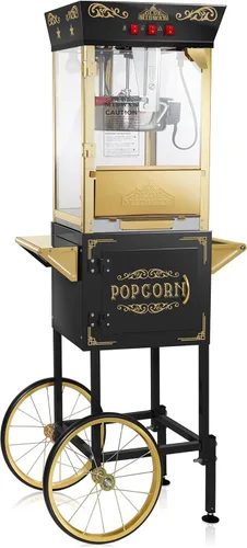 Olde Midway Máquina de palomitas de maíz estilo cine con carrito y hervidor de 10 onzas, color negro, estilo vintage con ruedas Crema