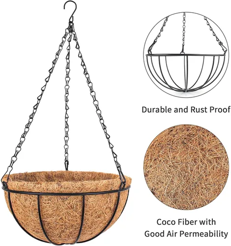Miniatura 4 de Wizdar 2 macetas colgantes de metal con forro de fibra de coco de 12 pulgadas, soporte redondo de alambre para plantas, decoración de porche, maceta