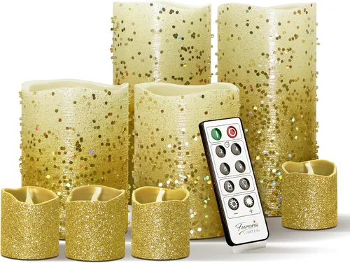 FURORA LIGHTING Velas sin llama con purpurina dorada, cera real, brillo ajustable, control remoto y temporizador, 4 pilares (3 x 4, 3 x 6) y 4 Oro