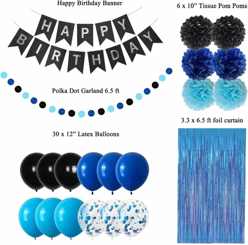 Miniatura 3 de ANSOMO Decoraciones de Fiesta de Cumpleaños Azul y Negro para Niños Hombres Pancarta Globos Azul Marino Azul Real Azul Claro Pompones Cortina