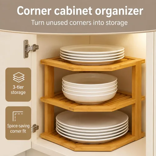 Miniatura 4 de Paquete de 2 organizadores de platos para gabinete, estante esquinero de bambú para almacenamiento de cocina o baño, estante que ahorra espacio