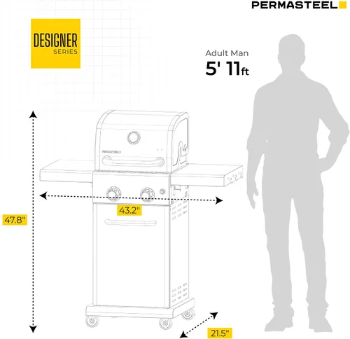 Miniatura 3 de Permasteel Parrilla de gas propano de 2 quemadores, parrilla de barbacoa con mesas laterales plegables y ganchos para herramientas, perfecta