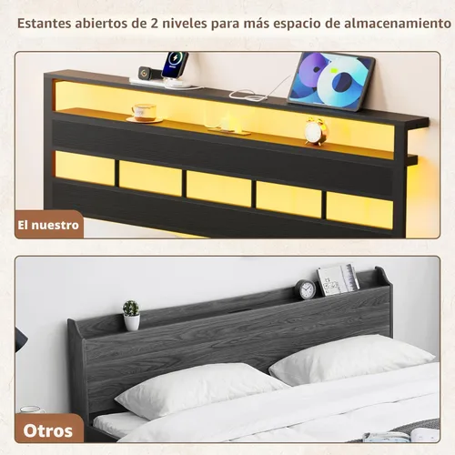Miniatura 6 de Furnulem Base de cama individual con estación de carga y luces LED, cama de plataforma de tamaño individual con listones de metal, cabecera de Roble
