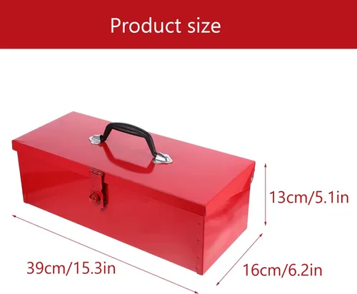 Miniatura 7 de YARNOW Caja de herramientas de hoja de hierro rojo con cerradura, caja de herramientas portátil de metal de 15 x 6.3 x 5.1 pulgadas